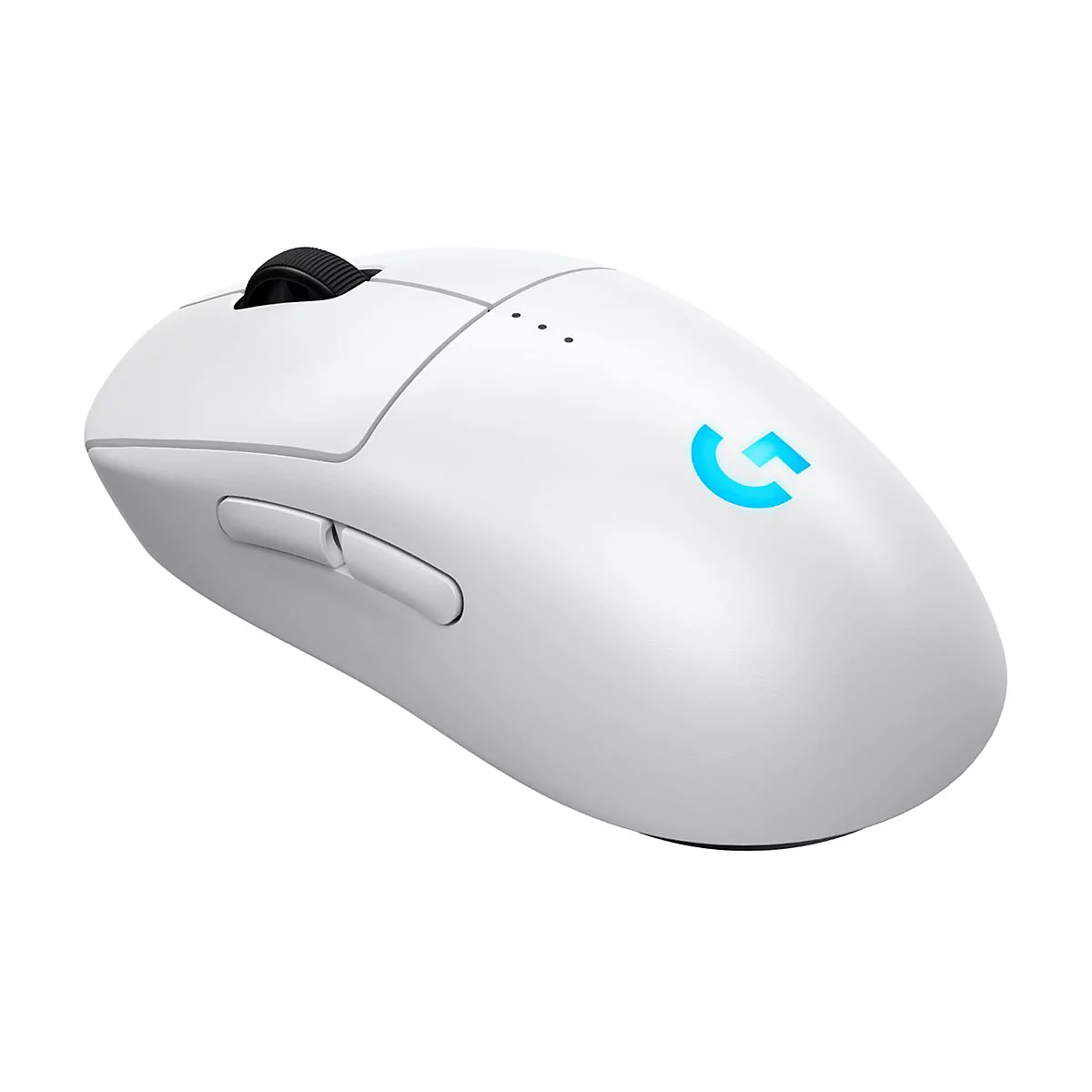 Weisse Gaming-Maus mit Scrollrad, zwei Seitentasten und blauem Logo auf hellem Hintergrund.