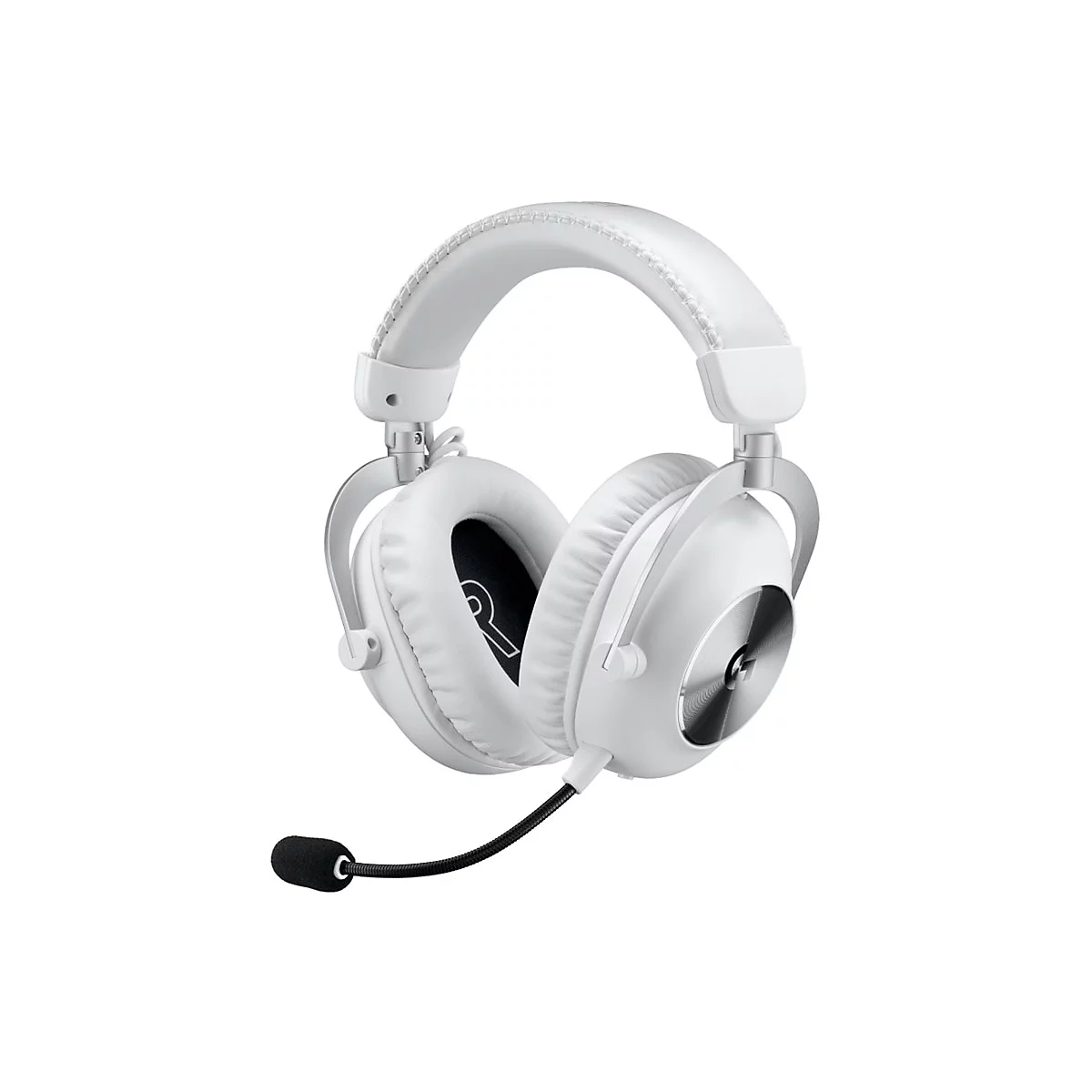 Casque blanc avec microphone, plan rapproché. Oreillettes et bandeau rembourrés, support argenté, logo.