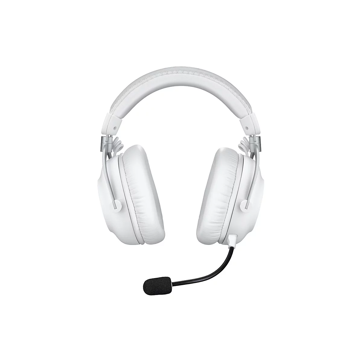 Casque de jeu blanc avec microphone sur fond blanc.