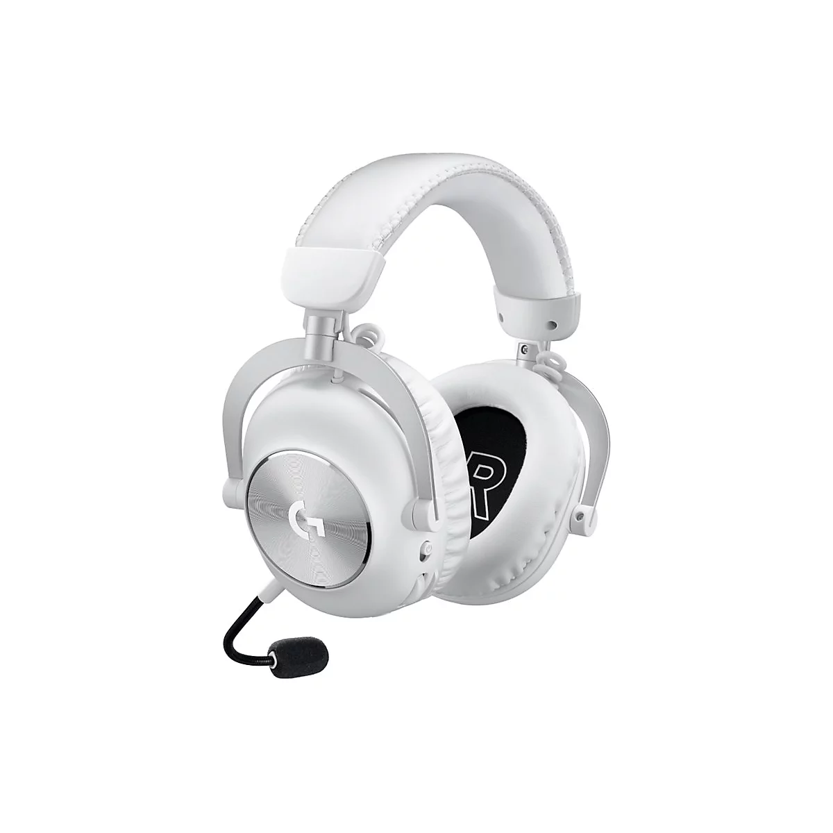 Casque de jeu blanc avec microphone, plan rapproché sur fond blanc.