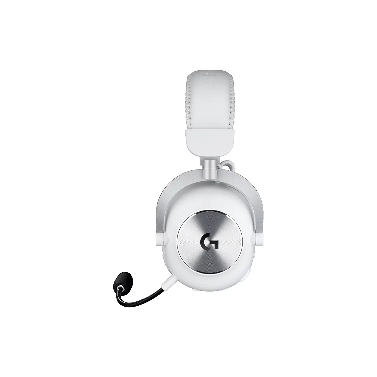 Casque de jeu blanc avec microphone sur fond blanc.