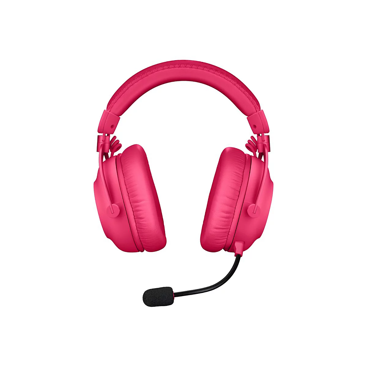 Ein pinkfarbener Kopfhörer mit Mikrofon vor weißem Hintergrund. Der Kopfbügel und die Ohrmuscheln sind gepolstert.