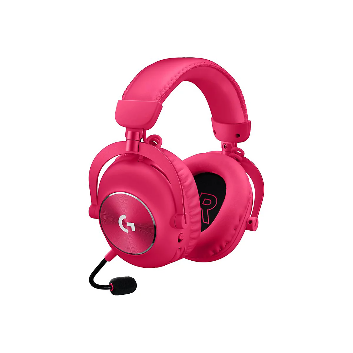 Pinkes Gaming-Headset mit Mikrofon, Logo "G", schwarzem Mikrofon.