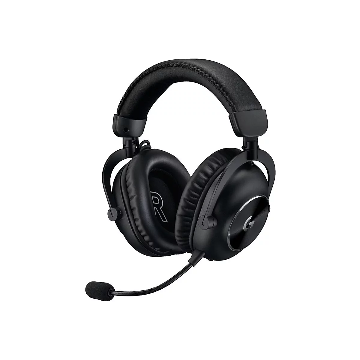 Schwarzes Gaming-Headset mit Mikrofon auf weißem Hintergrund.