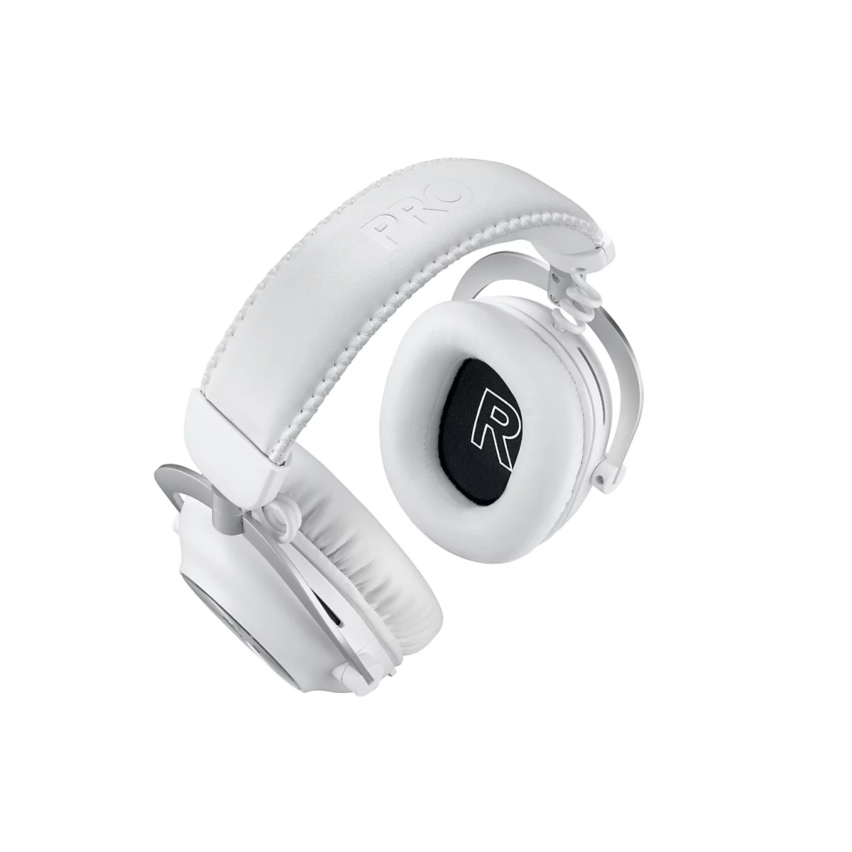 Weißes Headset, 'PRO'-Schriftzug auf dem Bügel, 'R' auf Ohrpolster.