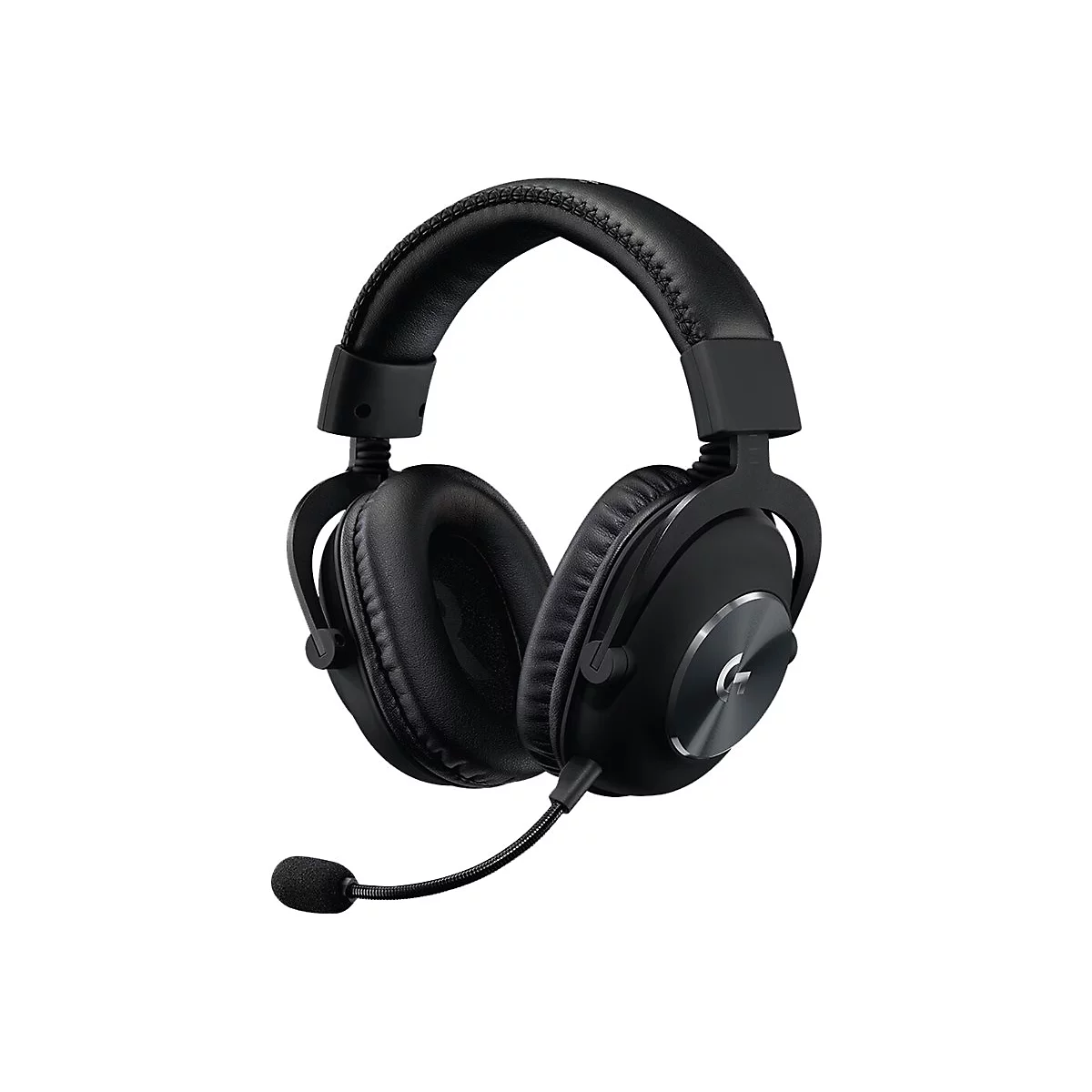 Schwarzes Gaming-Headset mit Mikrofon, Detailaufnahme vor weißem Hintergrund.