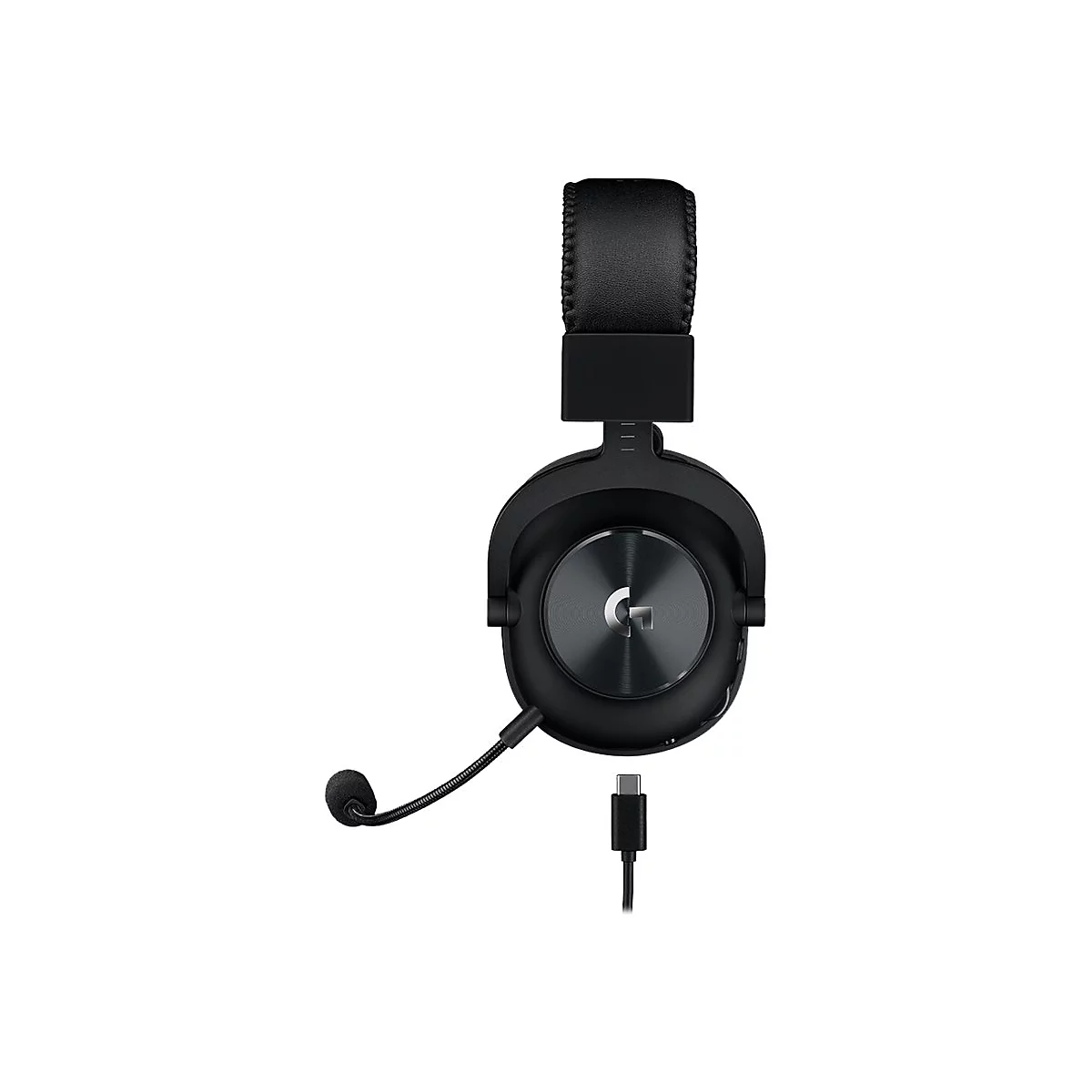 Schwarzes Gaming-Headset mit Mikrofon und USB-C-Anschluss, Frontalansicht.