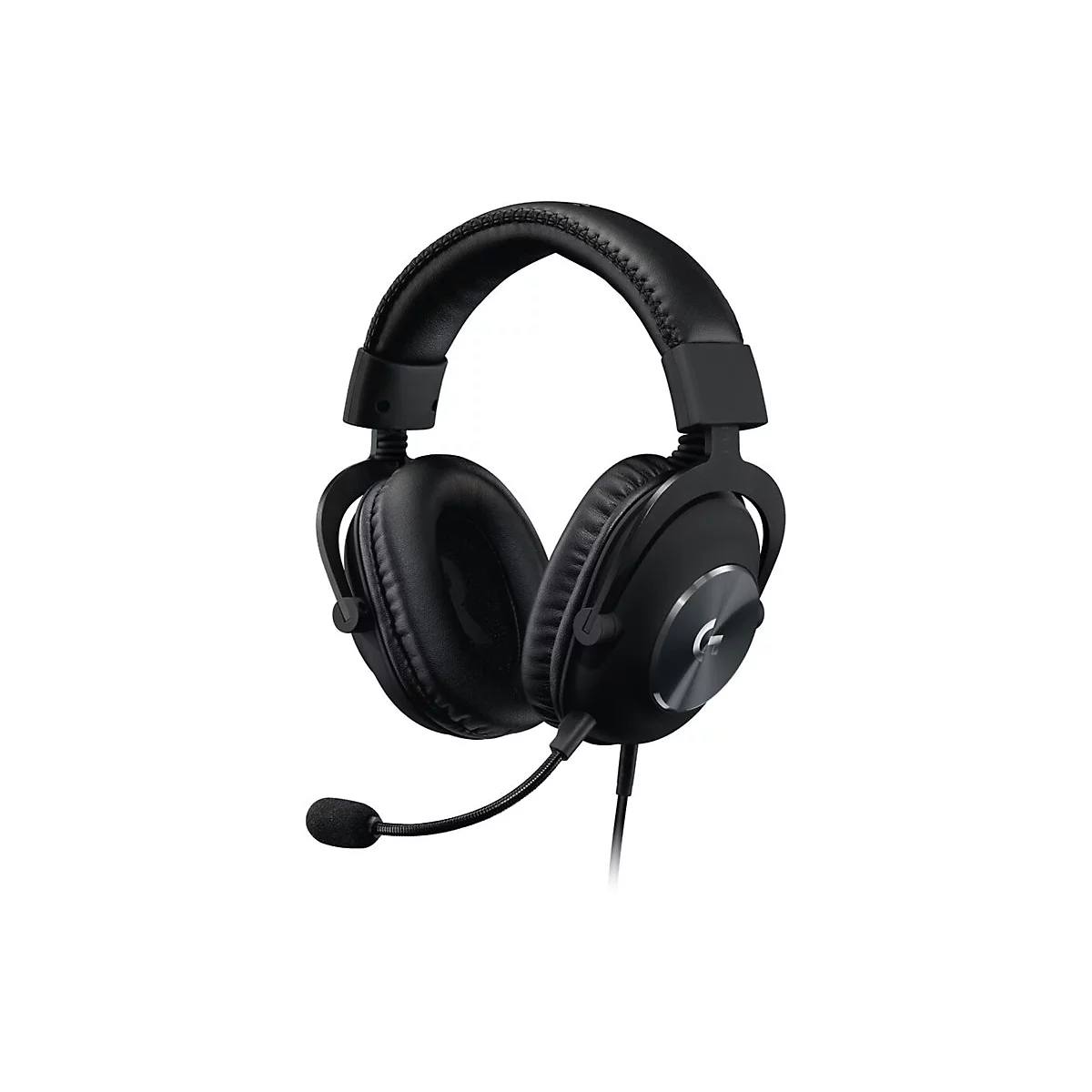 Schwarzes Gaming-Headset mit Mikrofon auf weißem Hintergrund. Sichtbar sind Ohrpolster, Bügel und ein Mikrofon.