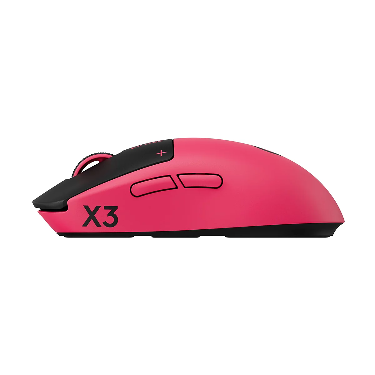 Seitliche Ansicht einer pinken Gaming-Maus mit schwarzem Mausrad und Tasten. Auf der Seite steht in schwarz X3.