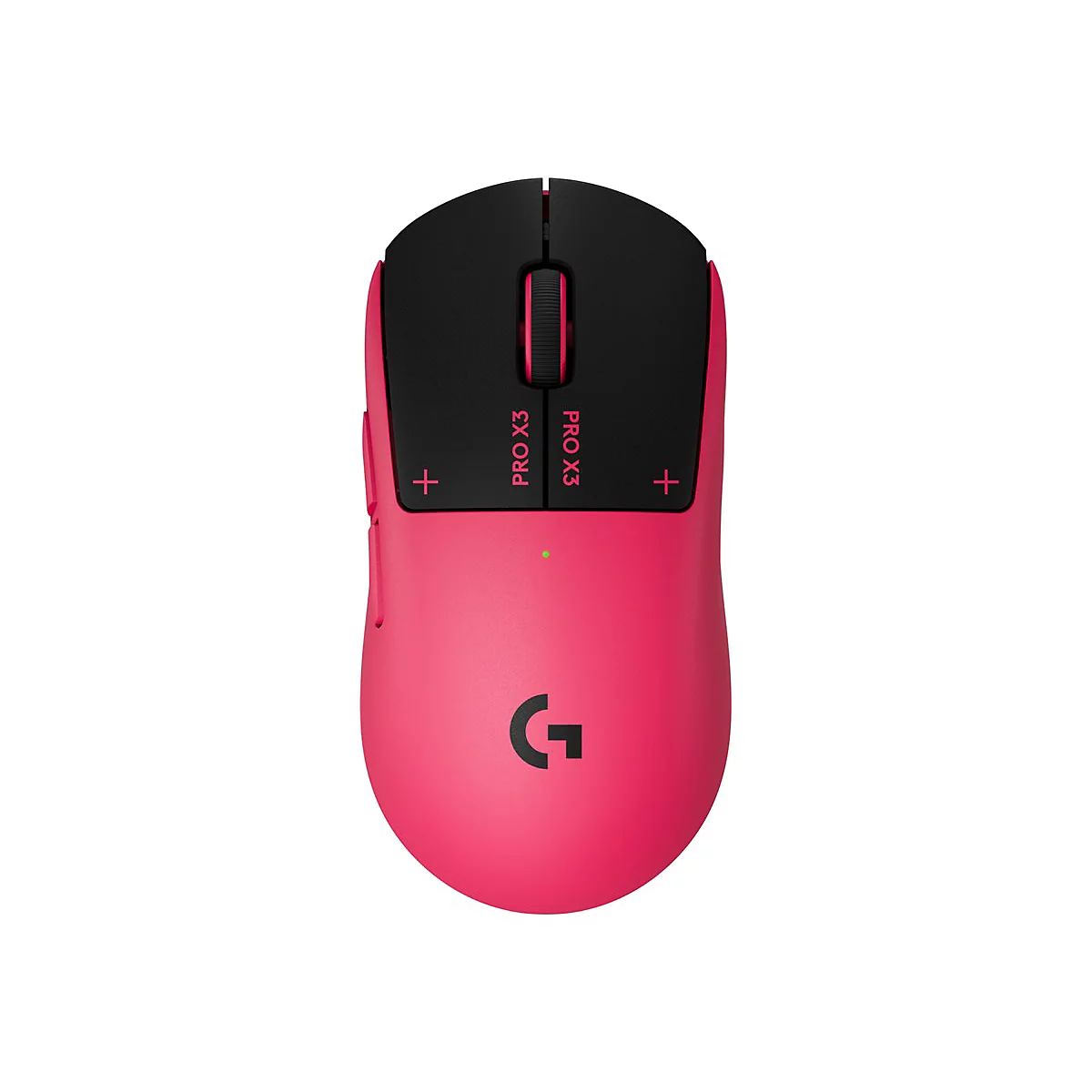 Draufsicht auf eine pinke Logitech G Pro X3 Gaming-Maus mit schwarzem Tastenfeld auf weißem Hintergrund.