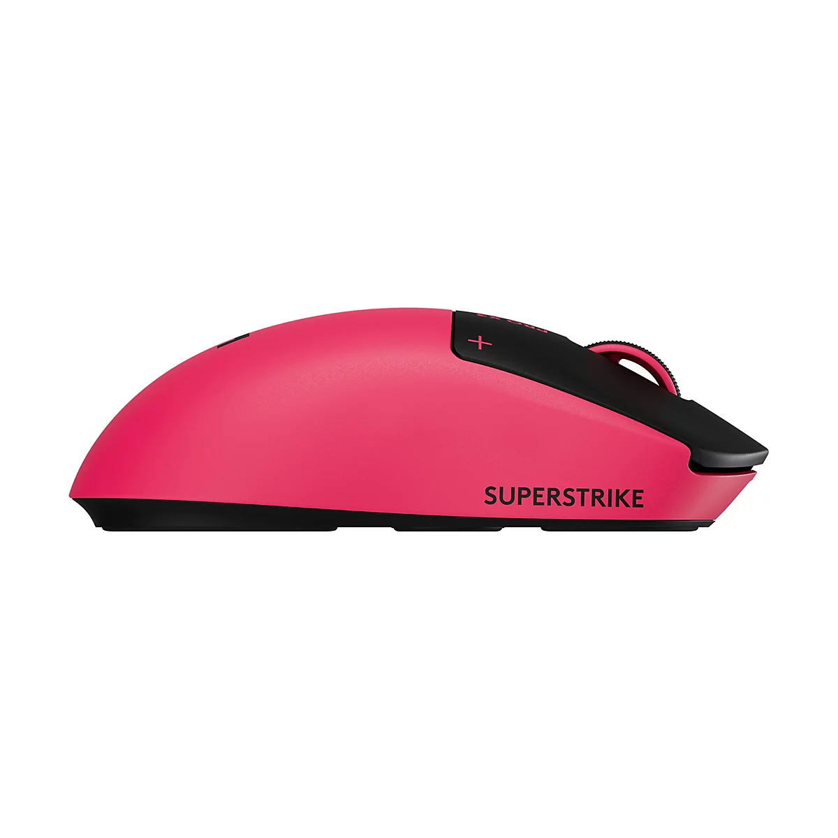 Pinke, kabellose Gaming-Maus mit schwarzem Tastenfeld und Schriftzug "SUPERSTRIKE" auf weißem Hintergrund.