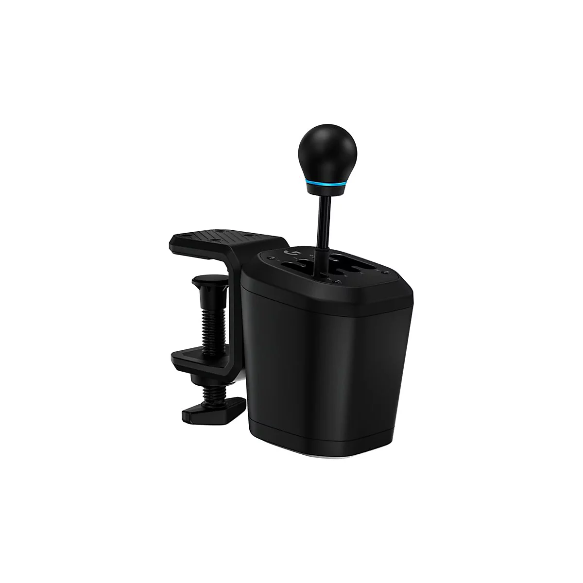 Schwarzer Gangschaltungshebel für ein Rennspiel, mit blauem Akzent, an einer Halterung befestigt.