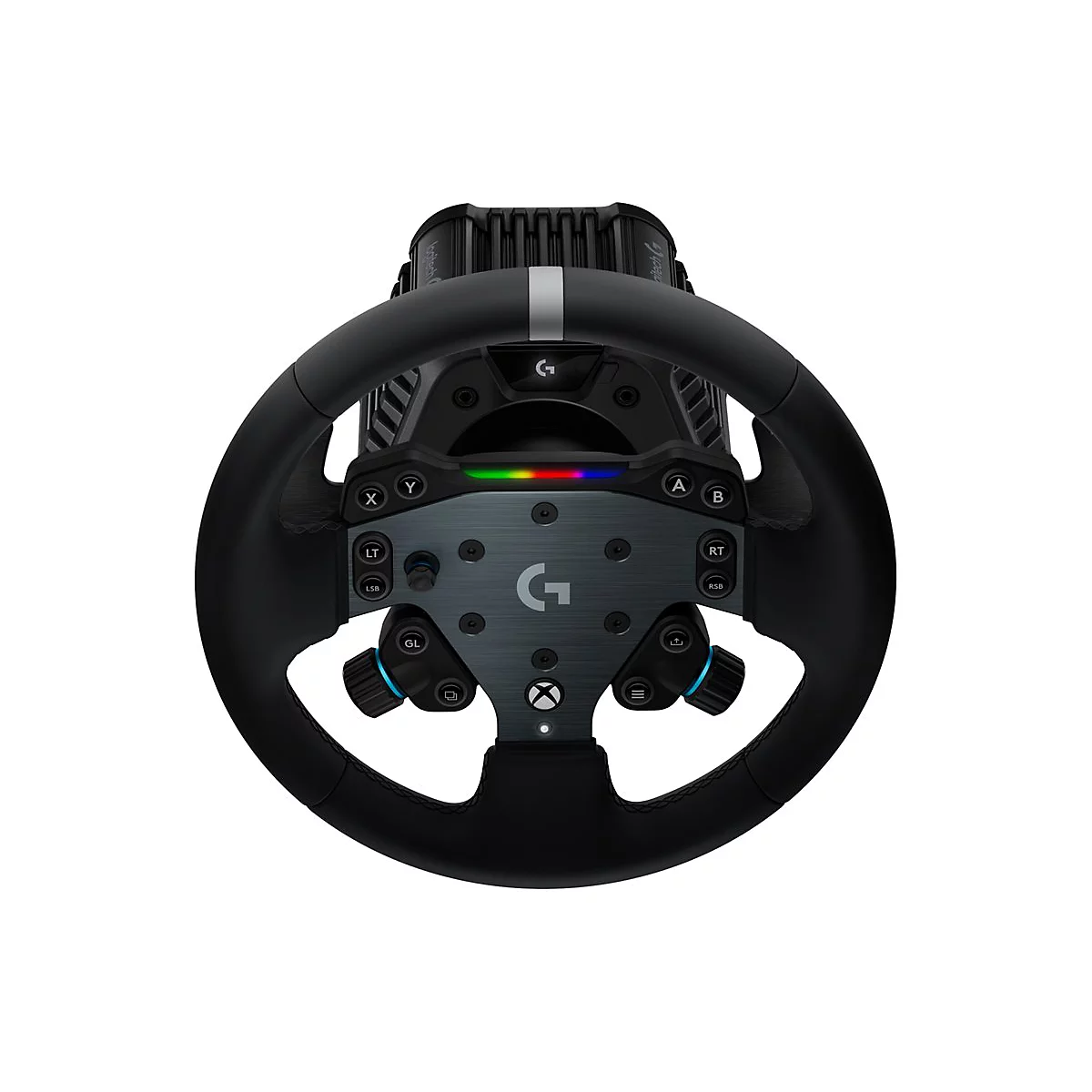Schwarzes Logitech Gaming-Lenkrad mit LED-Anzeige und Xbox-Tasten auf neutralem Hintergrund.