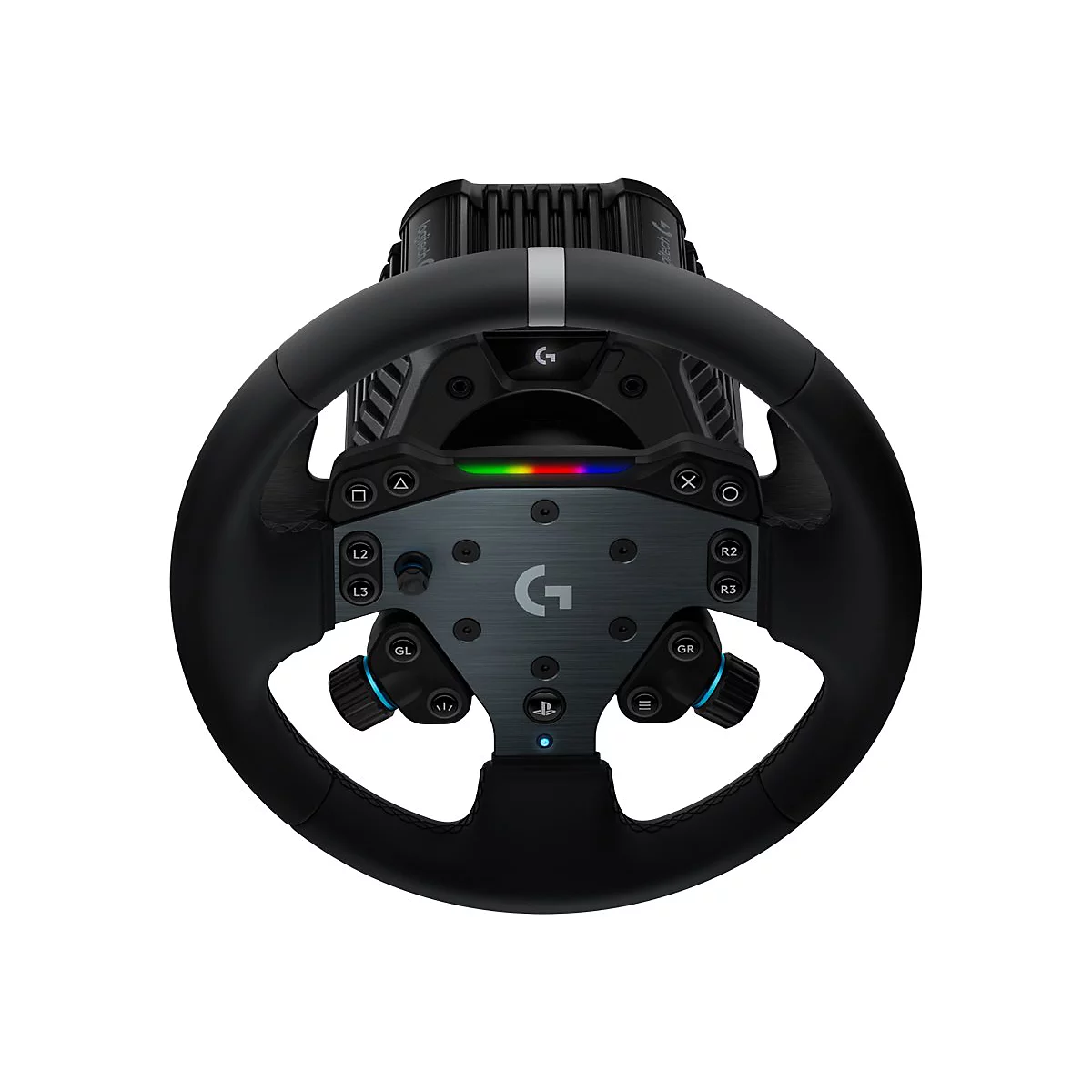 Schwarzes Logitech G Rennlenkrad mit Tasten, LCD-Display und PlayStation-Logo vor weißem Hintergrund.