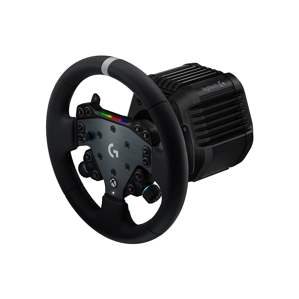Logitech Rennlenkrad mit schwarzem Kranz, Bedienelementen und Motorblock vor weißem Hintergrund.