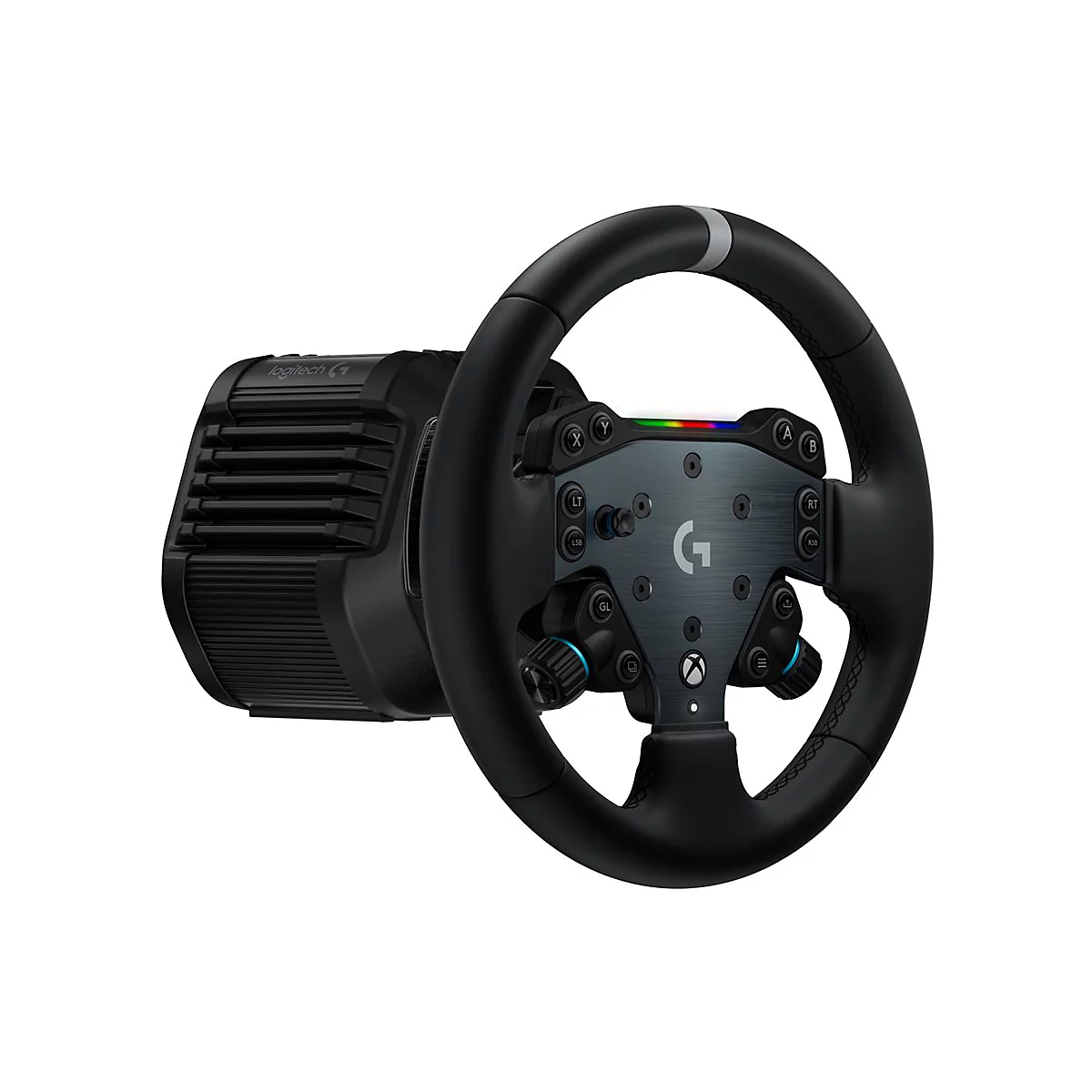 Schwarzes Logitech G Rennlenkrad mit Xbox-Tasten und Basis vor weißem Hintergrund.