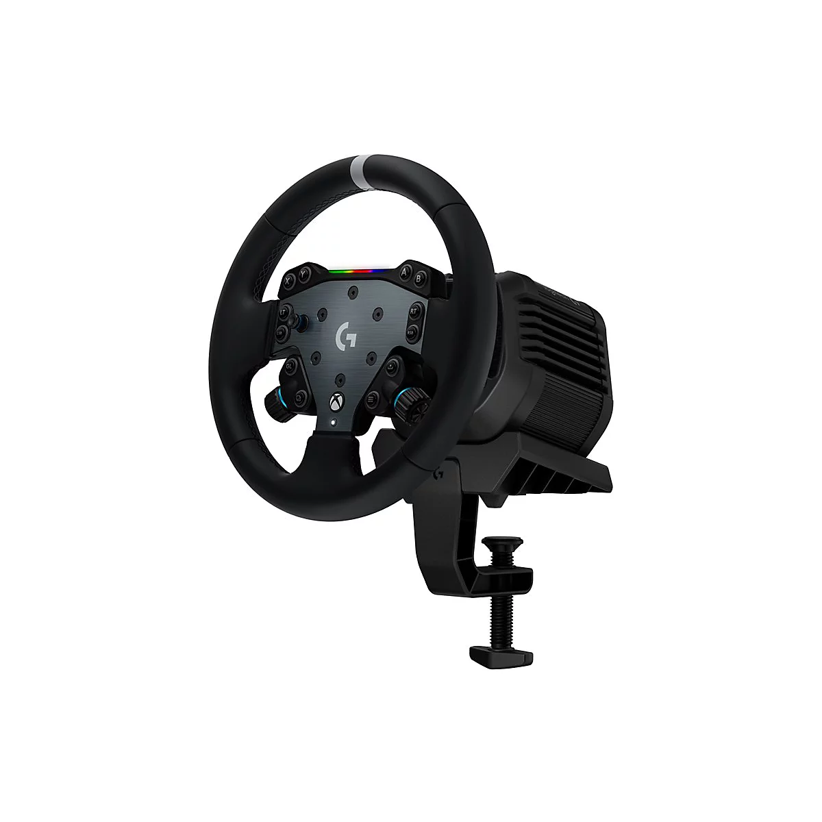 Schwarzes Logitech Gaming-Lenkrad mit Befestigungsklemme vor weißem Hintergrund.