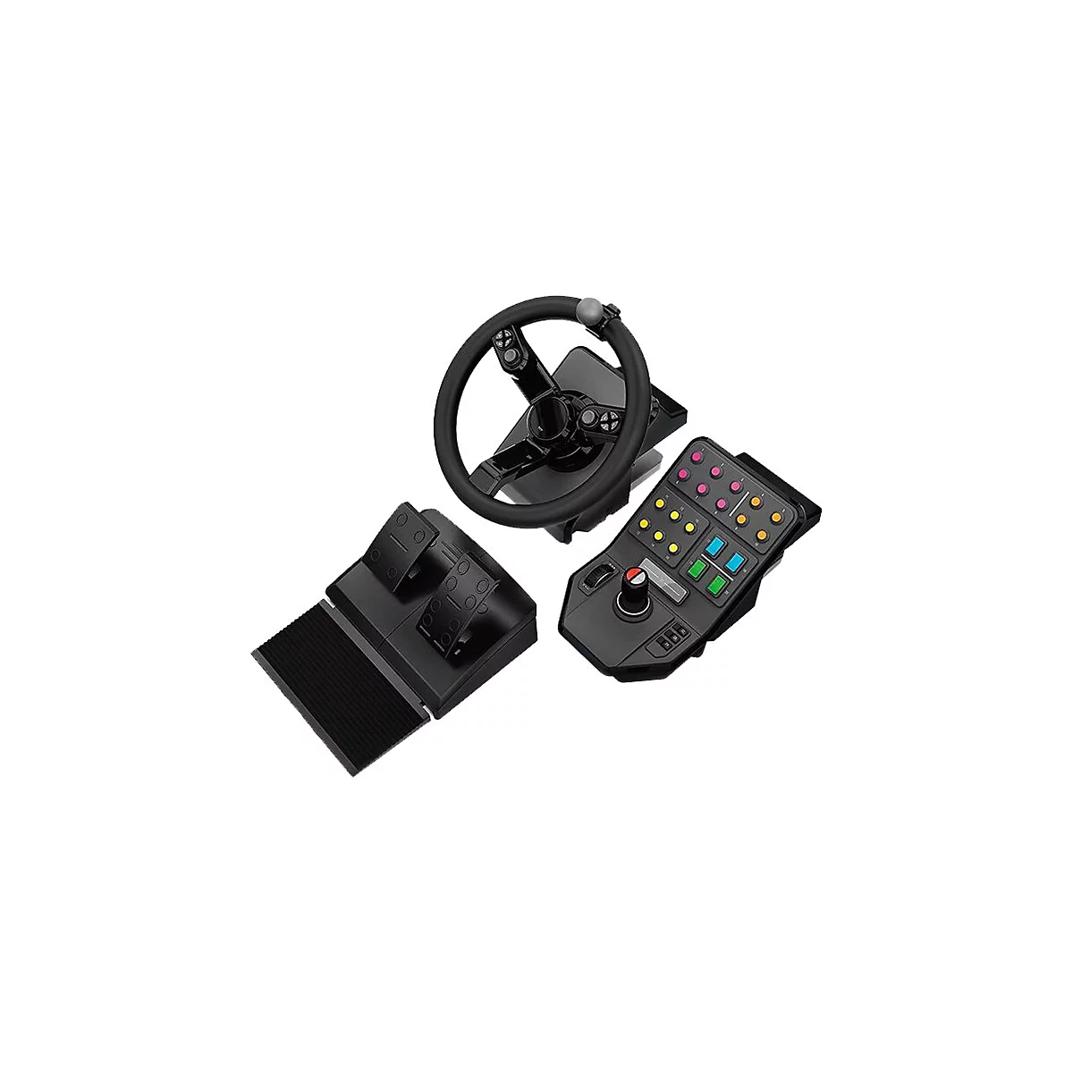 Volant noir, pédales et panneau de commande pour un système de jeu, isolé sur fond blanc.