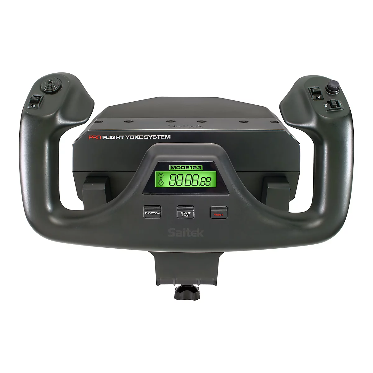 Un système Pro Flight Yoke noir avec deux poignées et un écran. L'écran affiche "88.88.88".