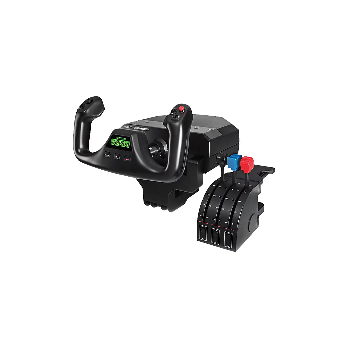 Système de yoke de simulation de vol noir avec joystick, leviers et affichage numérique. Sur fond blanc.