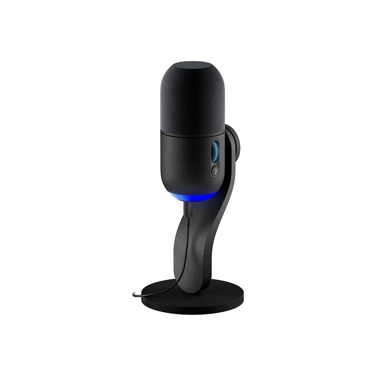 Microphone noir avec une tête arrondie et une lumière bleue à la base. Il repose sur un support rond.