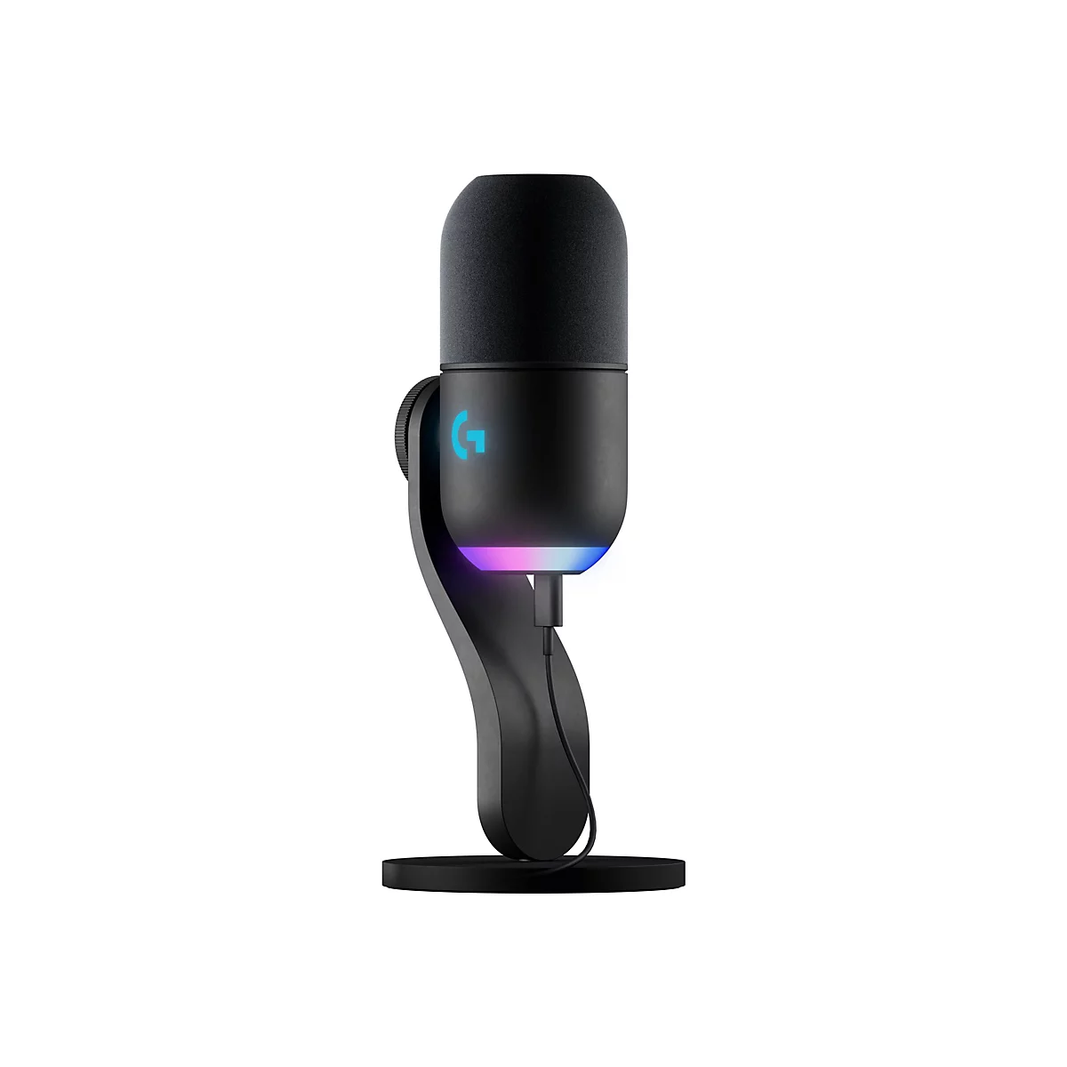 Microphone noir avec logo bleu et éclairage coloré, connexion par câble.