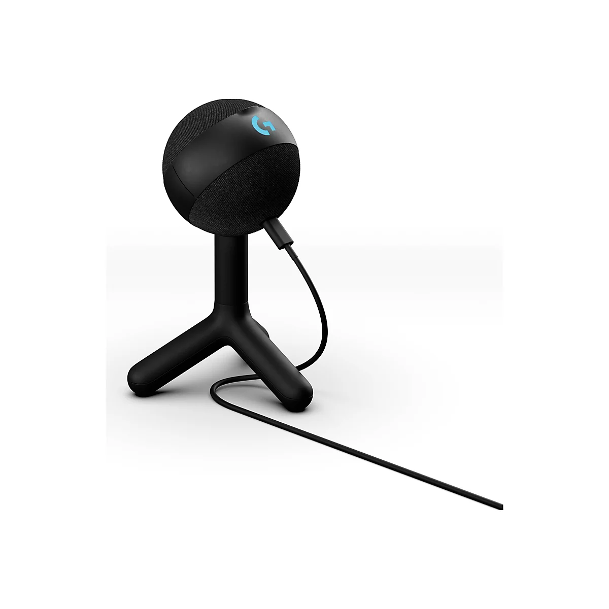 Ein schwarzes Logitech-Mikrofon in Kugelform, das auf einem dreibeinigen Ständer steht. Ein Kabel ist angeschlossen. Auf dem Mikrofon ist das blaue Logitech-Logo zu sehen.