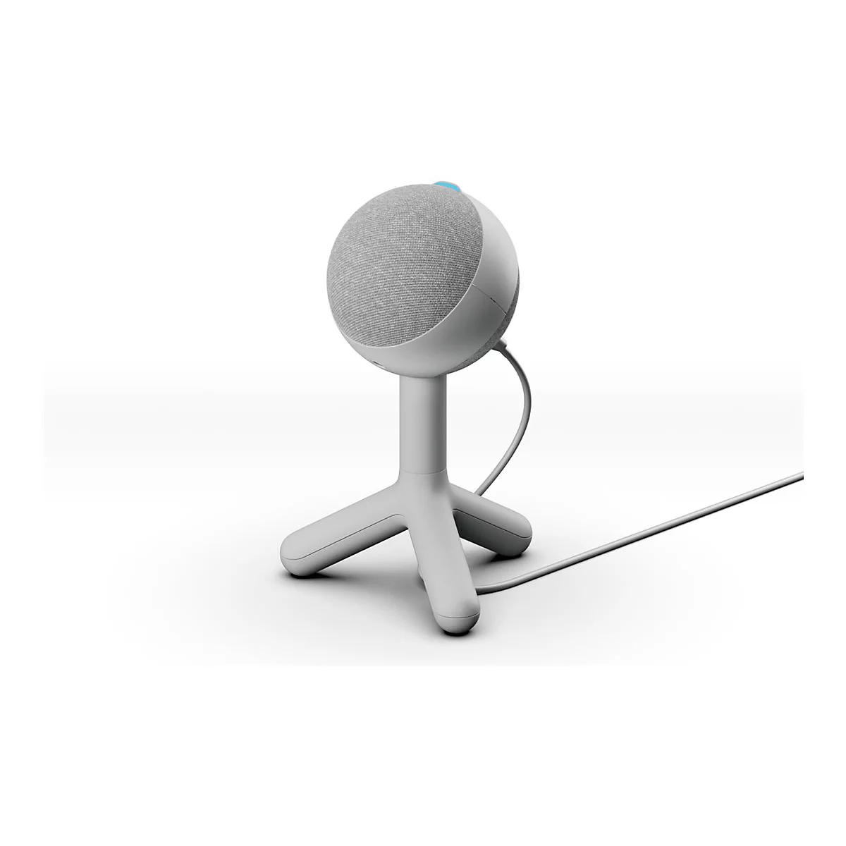 Ein grauer Lautsprecher in Kugelform steht auf einem dreibeinigen Ständer. Ein Kabel ist angeschlossen. Der Hintergrund ist weiß.
