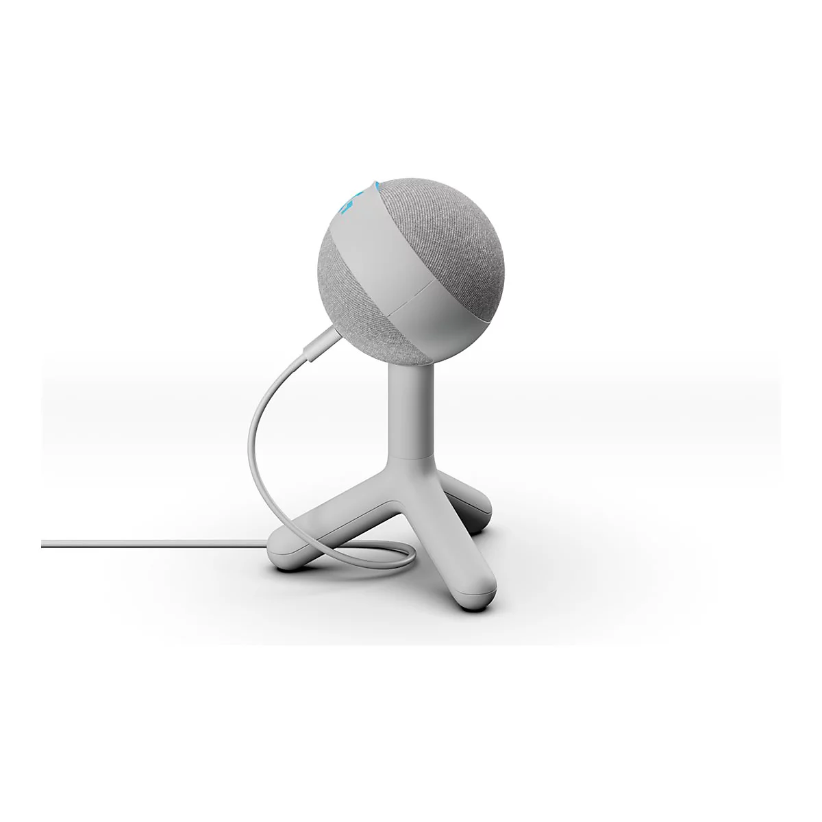 Grauer Smart-Lautsprecher auf Dreibein-Ständer mit Kabel.