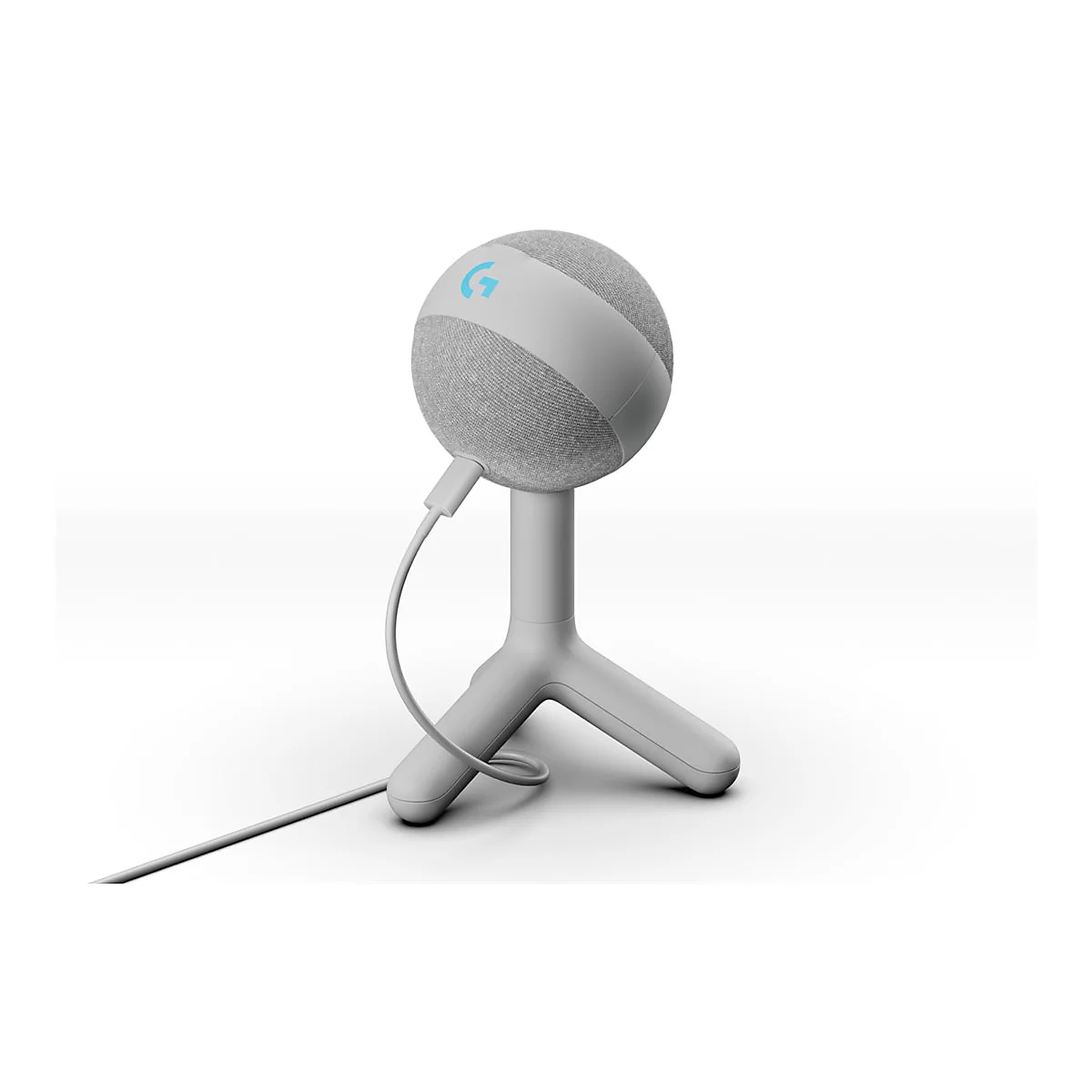 Grauer, kugelförmiger Lautsprecher auf einem dreibeinigen Ständer, mit einem Kabel.