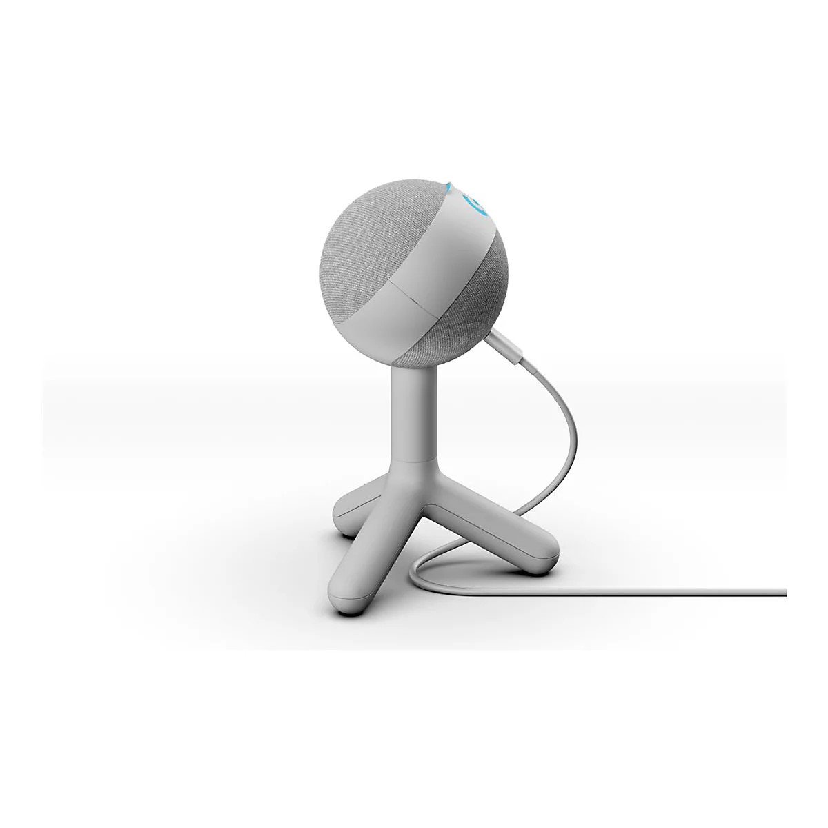 Kugel-Lautsprecher auf Dreibein-Ständer, mit Ladekabel. Oben blaues Licht.