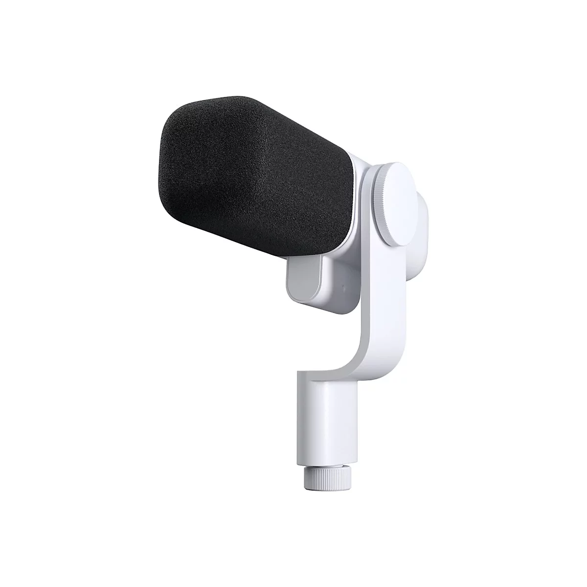 Microphone blanc avec bonnet en mousse noire.