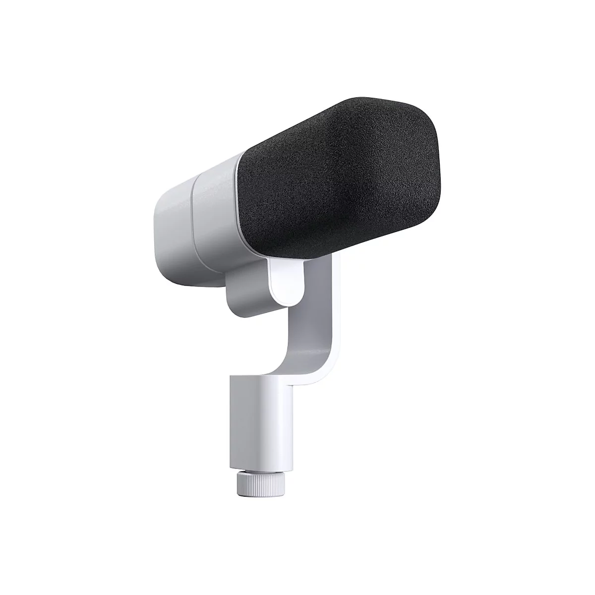 Un microphone blanc avec un capuchon en mousse noir.