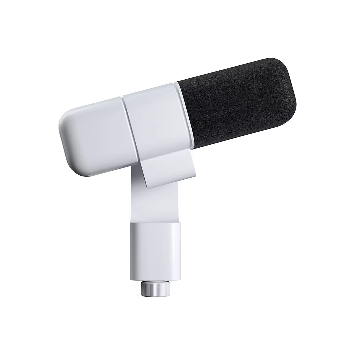 Microphone blanc avec bonnet en mousse noir, isolé sur fond blanc.