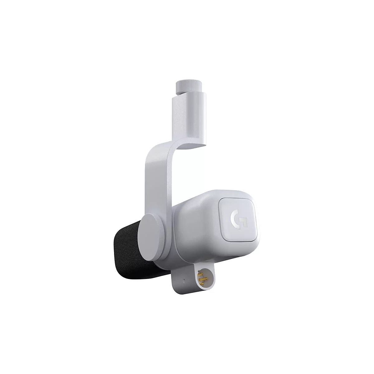 Weißes Mikrofon mit Logitech-Logo, Halterung und schwarzem Schaumstoffschutz.