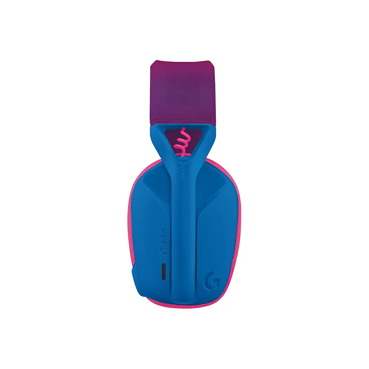 Casque de jeu G435 bleu et rose, vu de dos. Bandeau violet, bords de coussinets roses, écouteurs bleus. Inscription : G435.