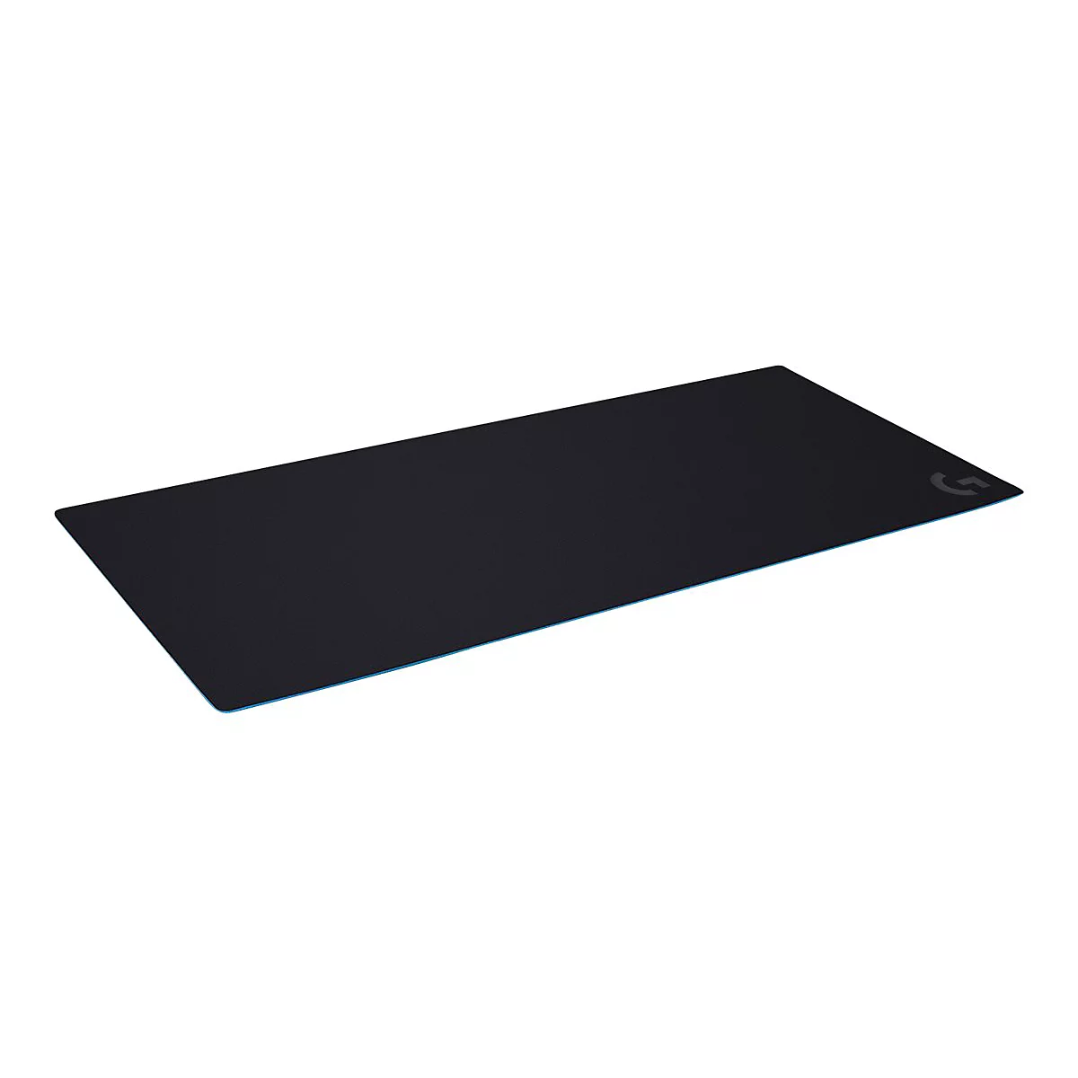 Tapis de souris noir avec bord bleu et logo Logitech.