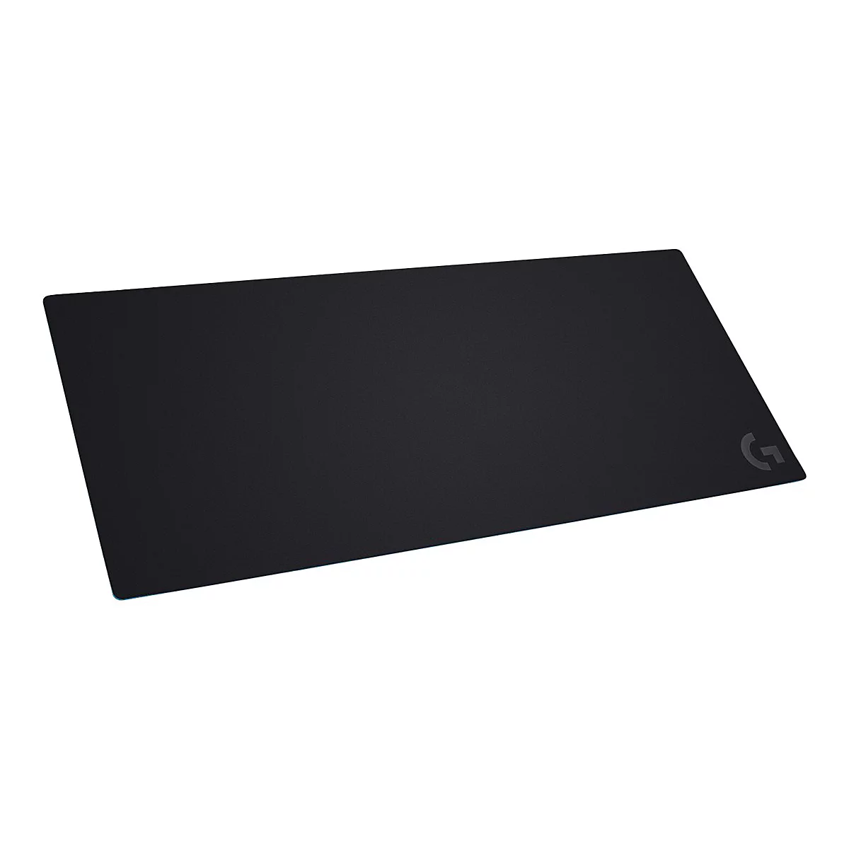 Tapis de souris noir avec logo dans le coin. Forme rectangulaire.
