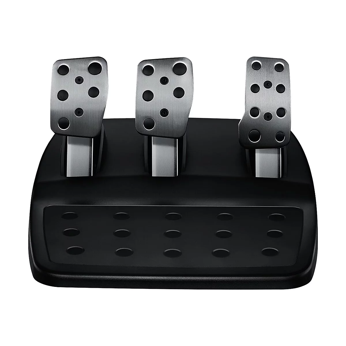 Detailaufnahme von drei Pedalen einer Lenkrad-Konsole. Die Pedale sind aus Metall und mit Löchern versehen, auf einer schwarzen Kunststoffbasis angebracht.