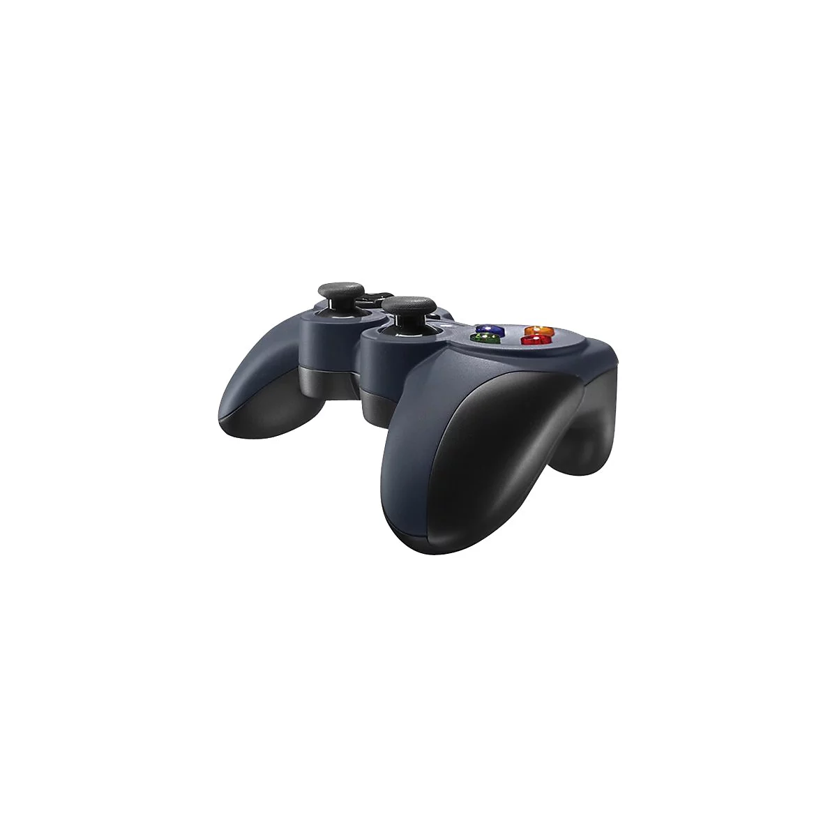 Manette de jeu bleu foncé avec détails noirs, quatre boutons colorés et deux joysticks.