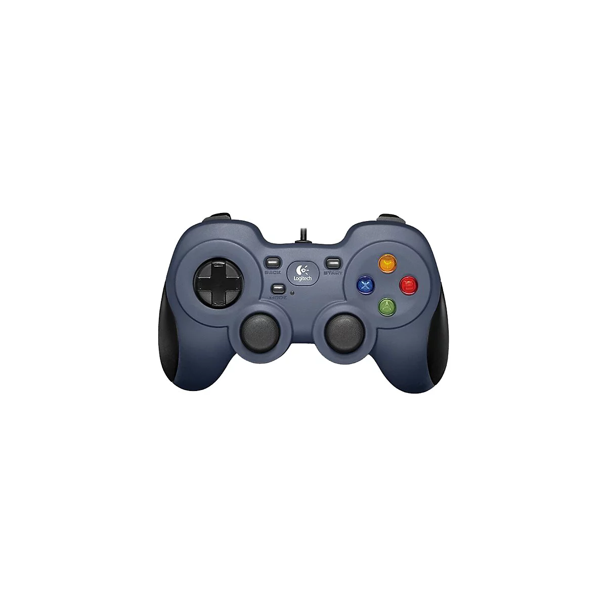 Dunkelblauer Logitech-Controller mit Knöpfen und Kabel. Der Controller hat das Logitech-Logo.