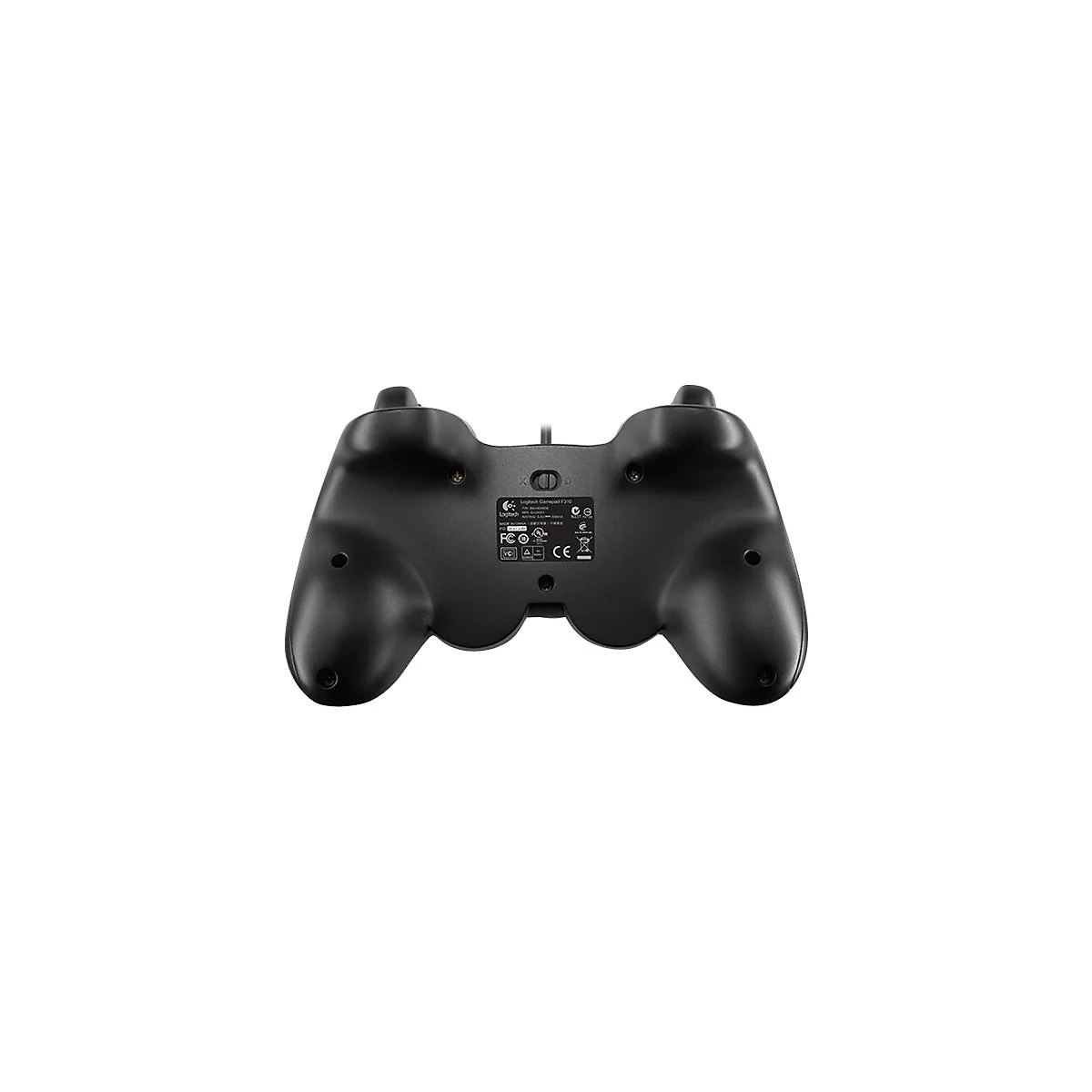 Schwarzer Gamecontroller von hinten gesehen. Auf der Unterseite sind Produktinformationen und Logos zu sehen.