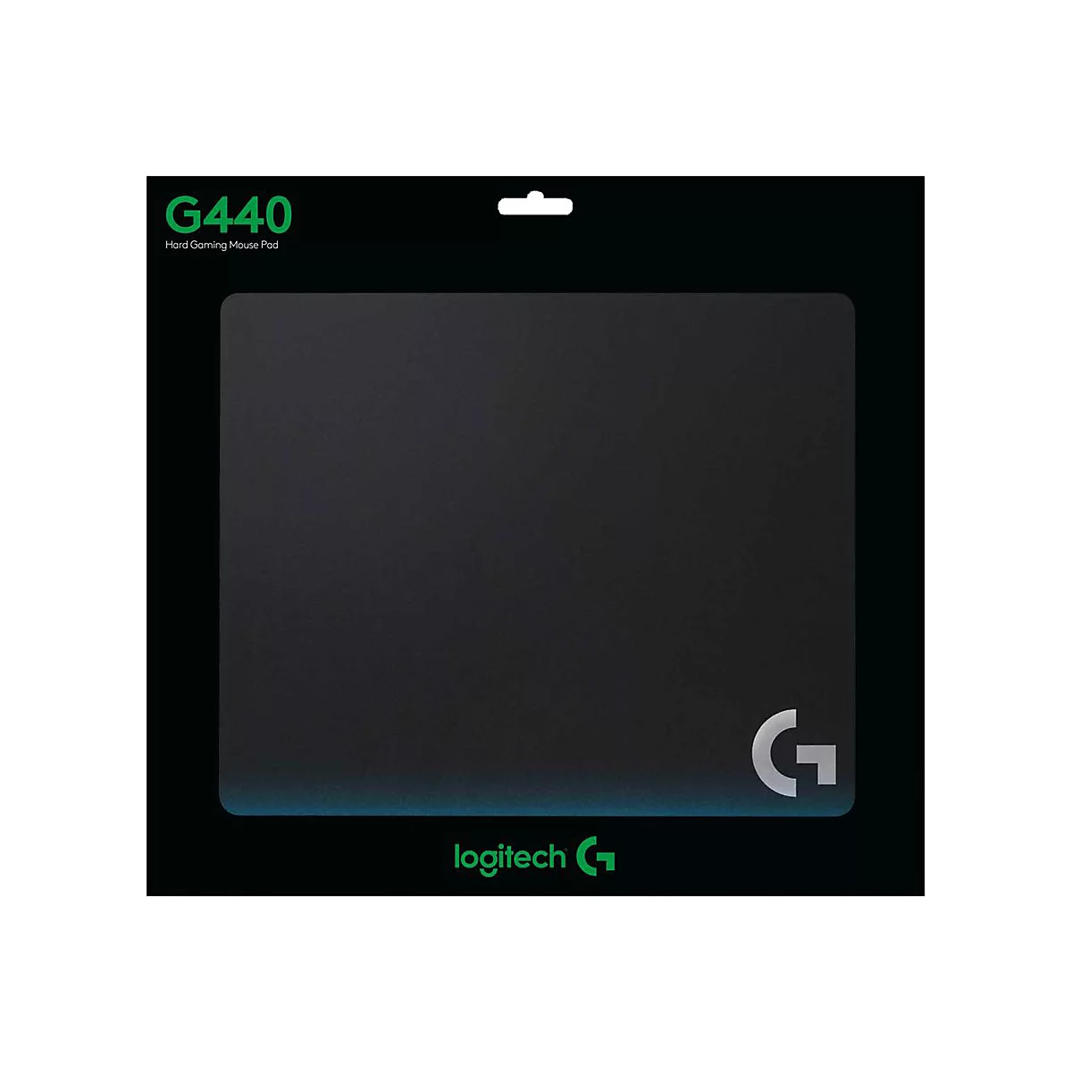 Schwarzes Mauspad in Verpackung. Oben steht G440, darunter der Produktname. Das Logitech-Logo ist unten rechts.