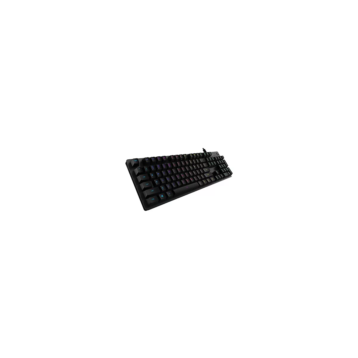 Schwarze mechanische Gaming-Tastatur mit RGB-Beleuchtung auf weißem Hintergrund.