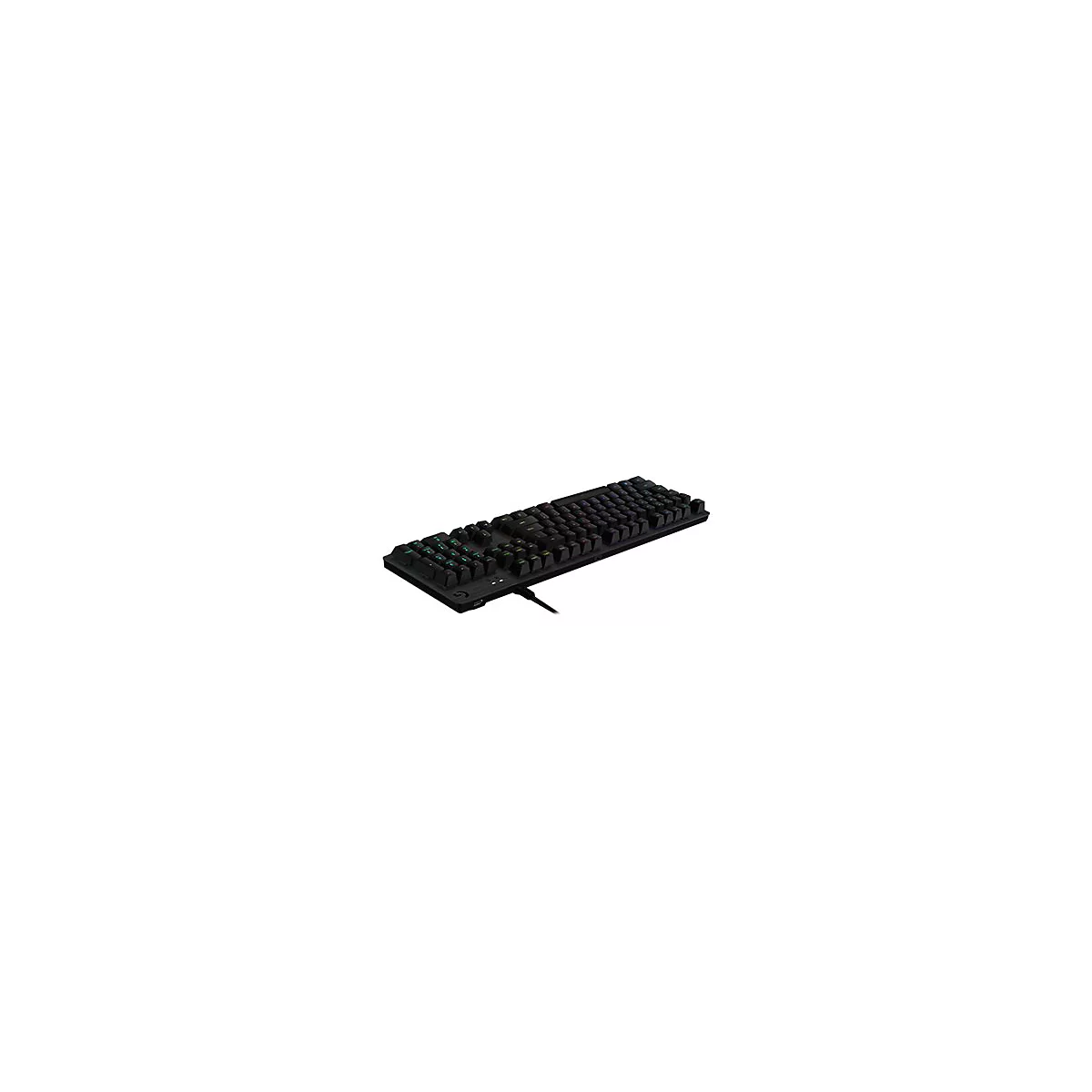 Schwarze mechanische Gaming-Tastatur mit RGB-Beleuchtung und USB-Kabel vor weißem Hintergrund.