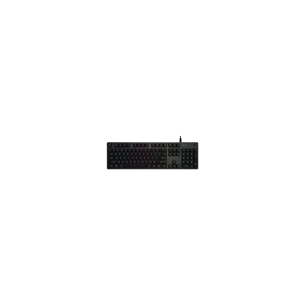 Schwarze Logitech Gaming-Tastatur mit RGB-Beleuchtung und Ziffernblock vor weißem Hintergrund.