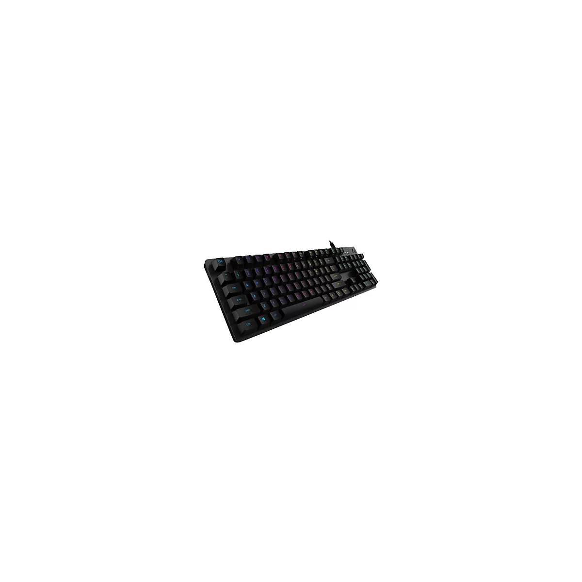 Schwarze Gaming-Tastatur mit RGB-Beleuchtung auf weißem Hintergrund.