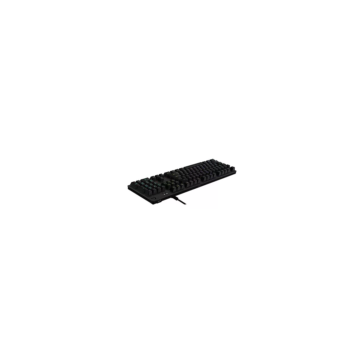 Schwarze Logitech Gaming-Tastatur mit Kabel in leicht schräger Perspektive auf weißem Hintergrund.