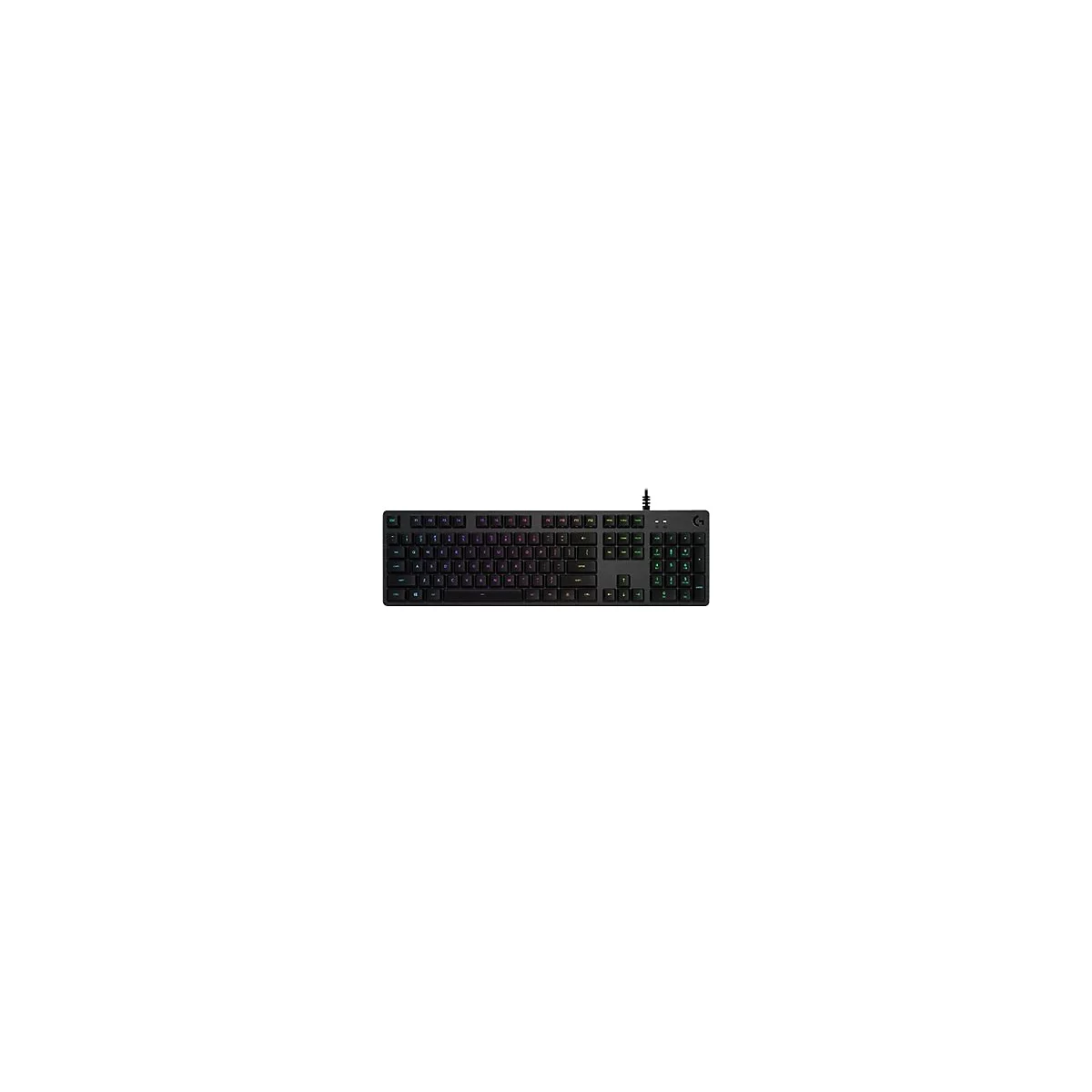 Schwarze Gaming-Tastatur mit RGB-Beleuchtung und Logi-G-Logo vor weißem Hintergrund.