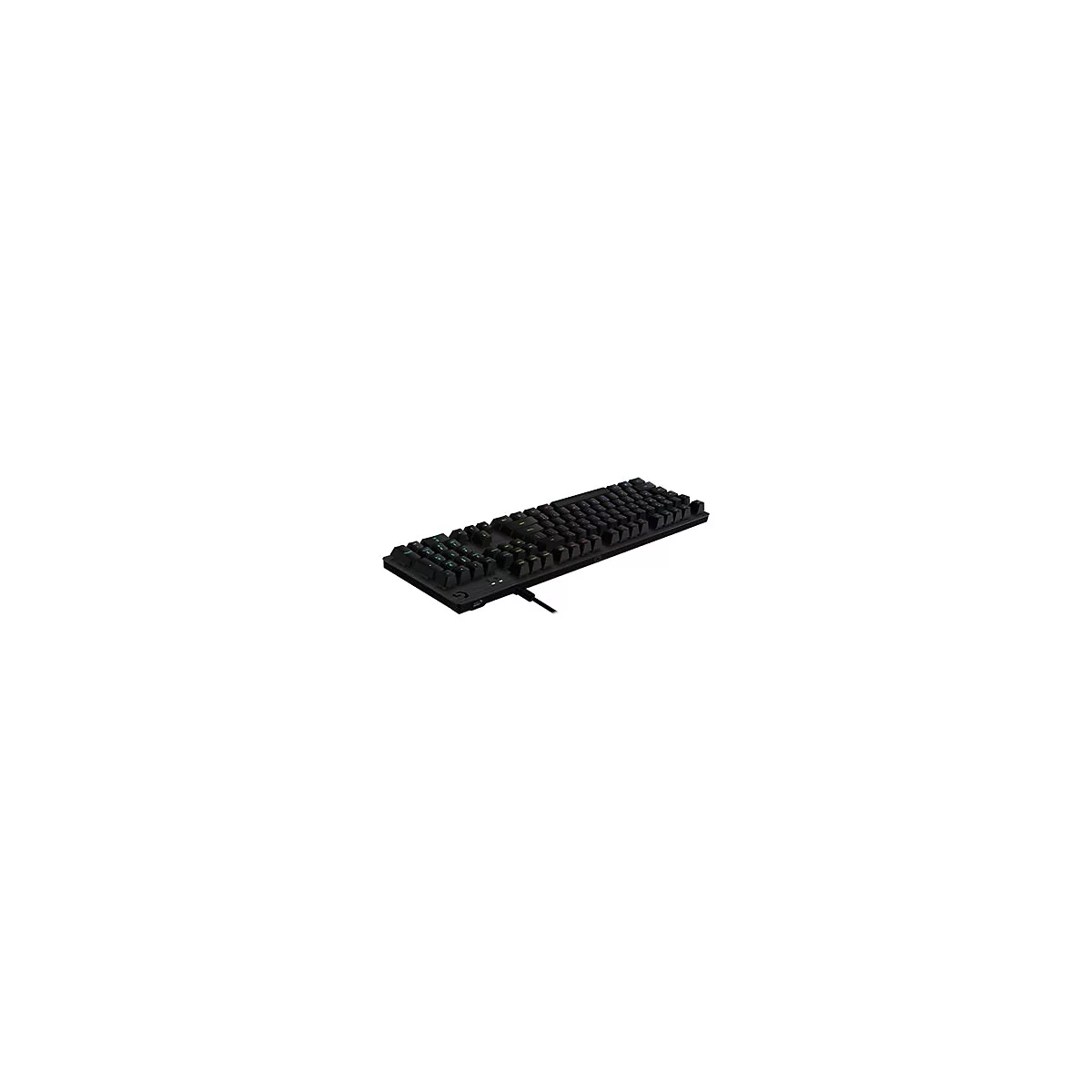 Schwarze mechanische Gaming-Tastatur mit RGB-Beleuchtung vor weißem Hintergrund.